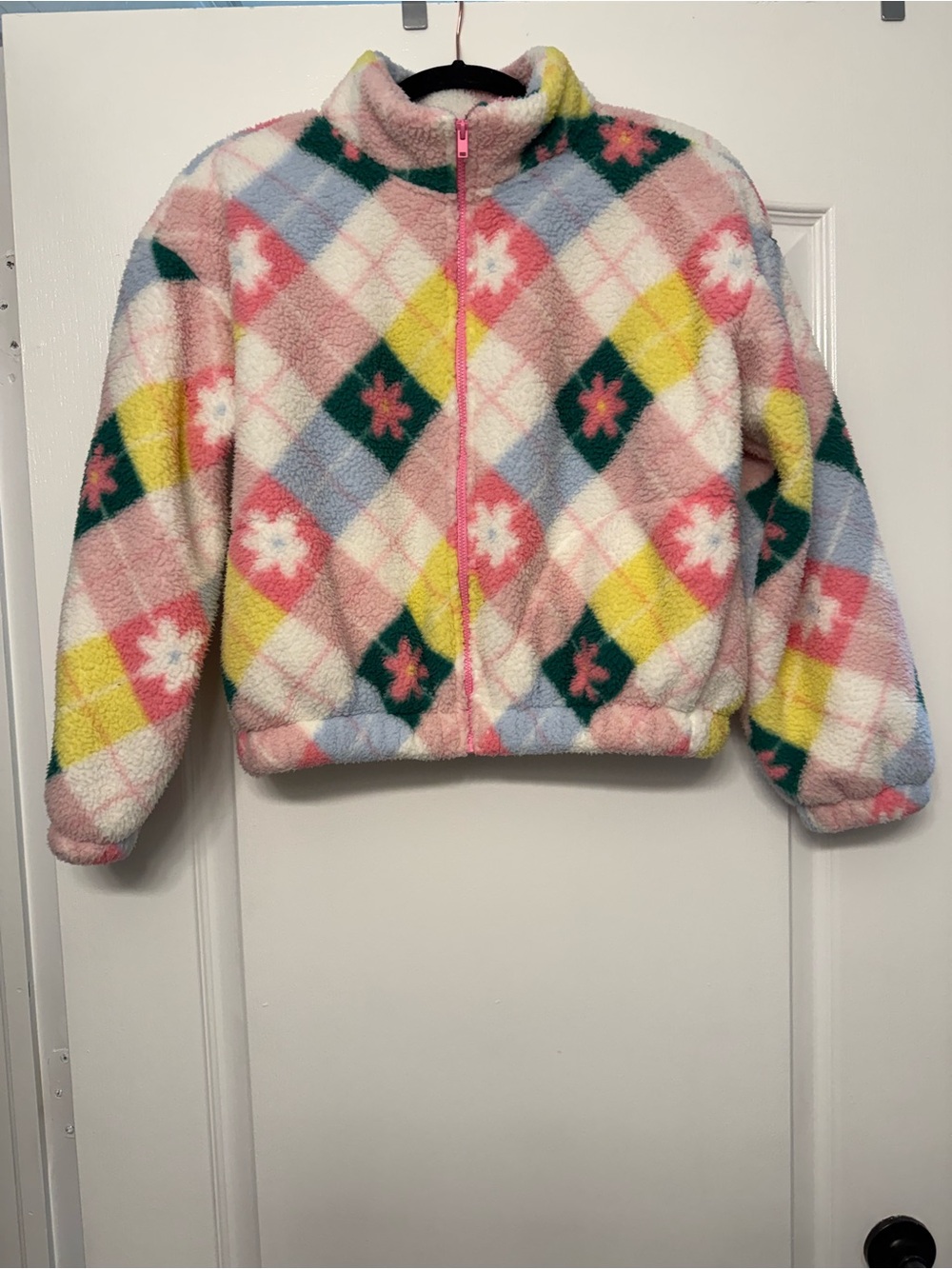 Old Navy Girls XL 14-16 Sherpa Fleece Jacket Floral Argyle Full Zip Preppy